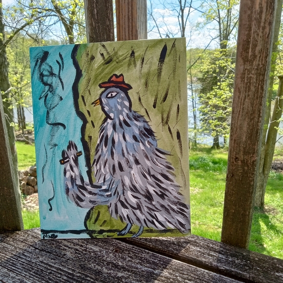 Pigeon Smoking Painting Folk Art Whimsical Decor - Picture 3 of 9